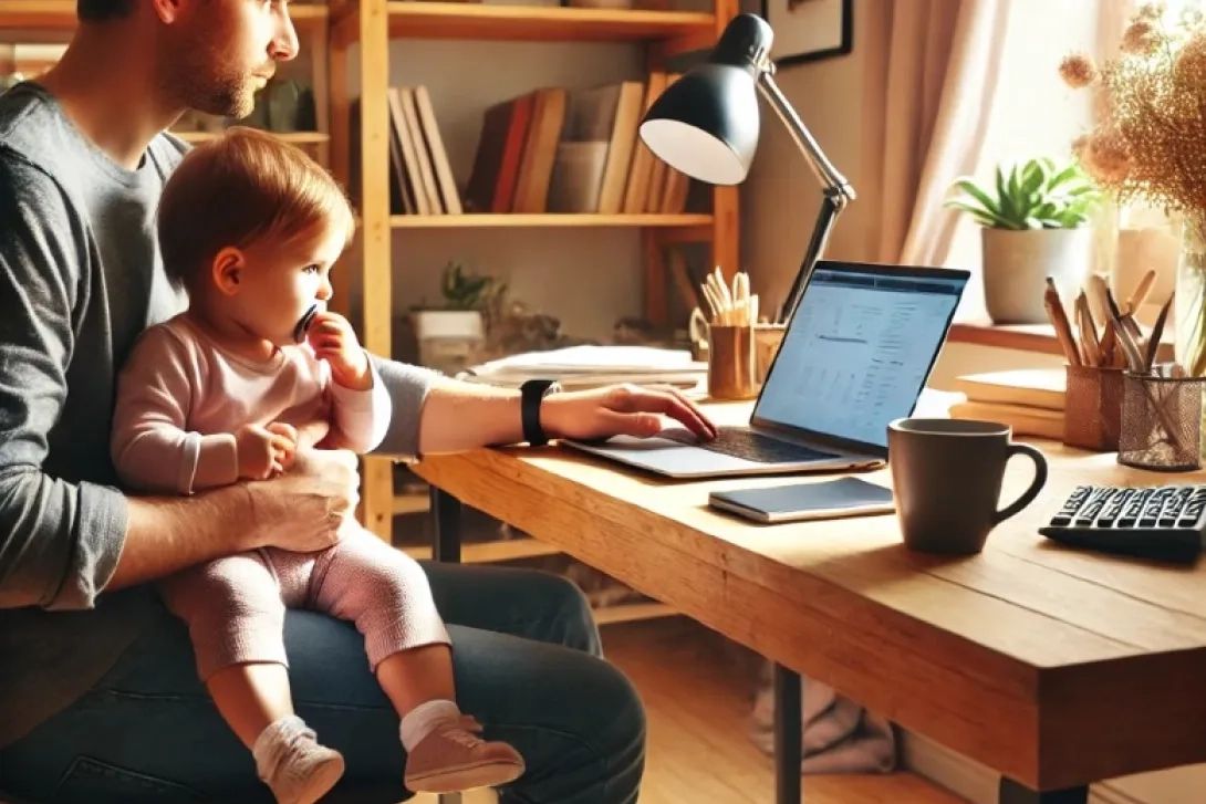 Autónomo trabajando mientras cuida a su bebé